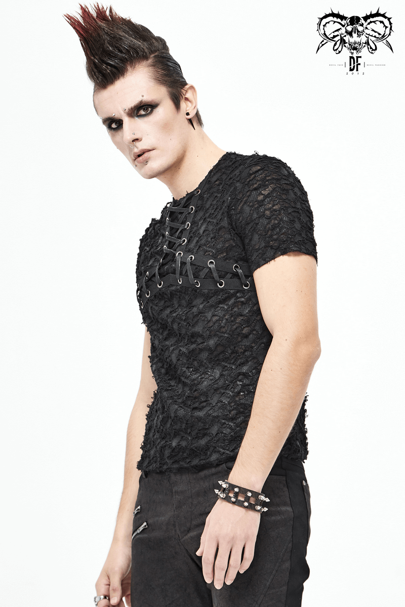 Black Gothic Men's Slim fit T-Shirt / Motorcycle Punk T-shirt with Lace-Up On Neckline & Bust