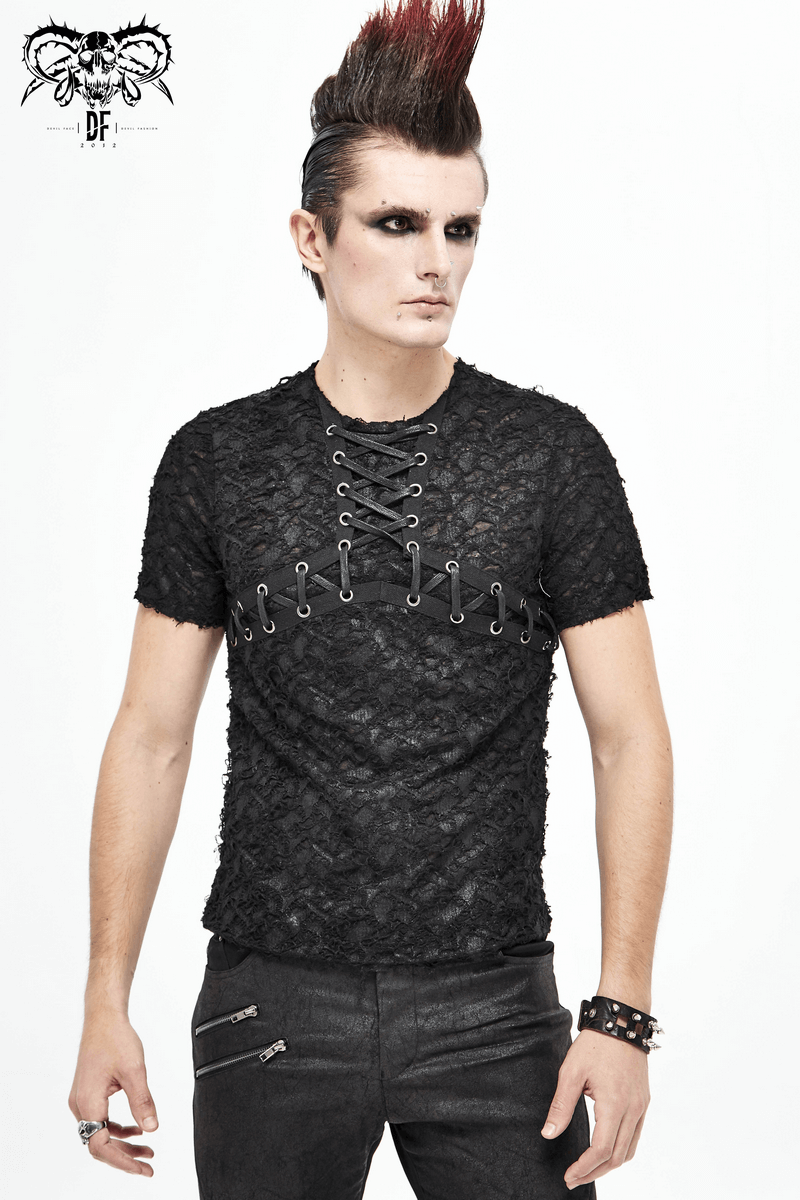 Black Gothic Men's Slim fit T-Shirt / Motorcycle Punk T-shirt with Lace-Up On Neckline & Bust