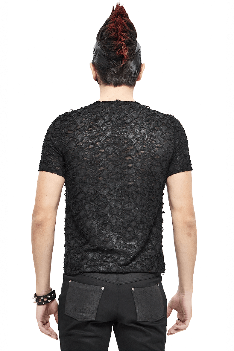 Black Gothic Men's Slim fit T-Shirt / Motorcycle Punk T-shirt with Lace-Up On Neckline & Bust