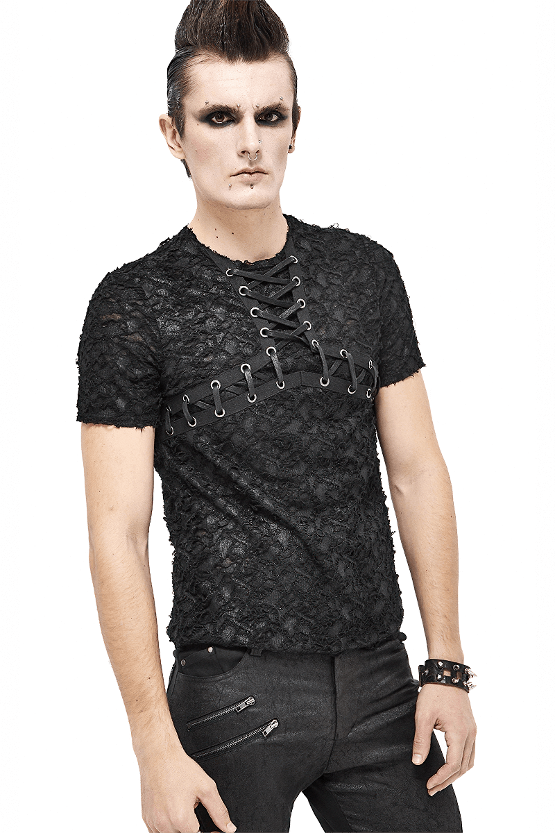 Black Gothic Men's Slim fit T-Shirt / Motorcycle Punk T-shirt with Lace-Up On Neckline & Bust
