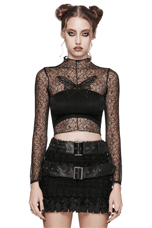Black Gothic Mesh Butterfly Long Sleeve Crop Top