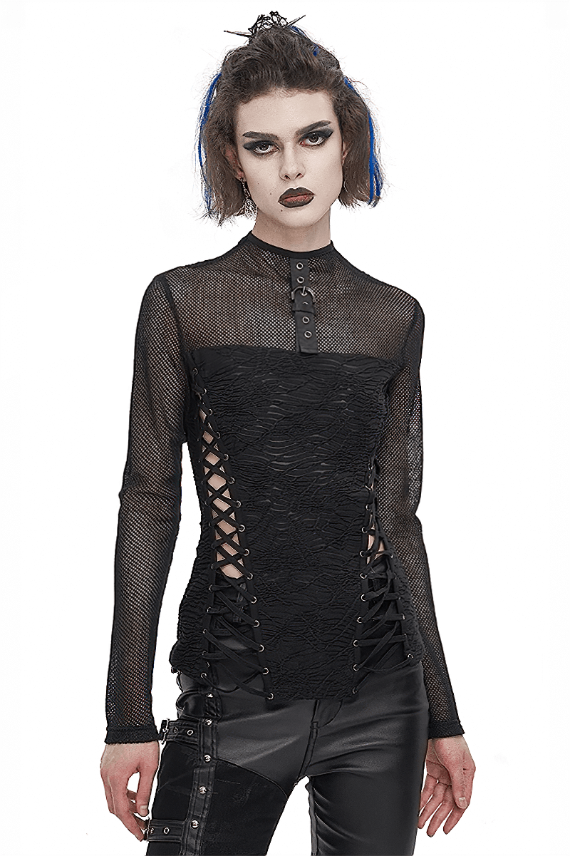 Black Gothic Mesh Long-Sleeves Top with Lace-Up Sides