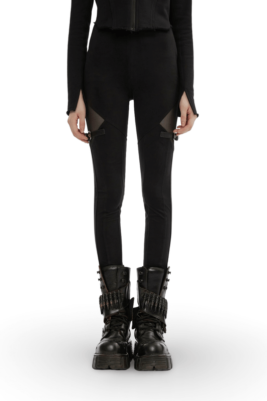 Black Gothic Mesh-Panel Leggings with Buckle Accents