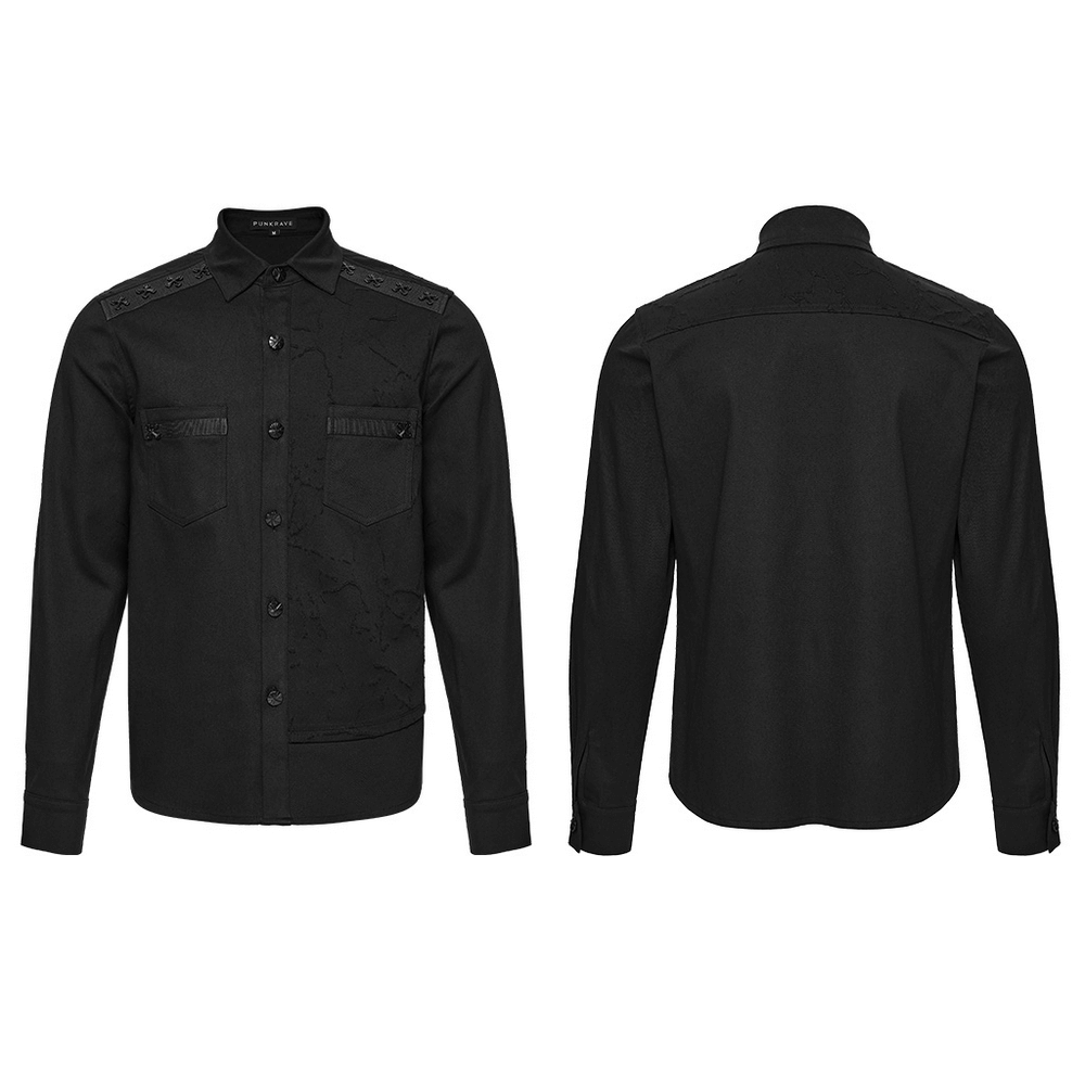 Black Gothic Military Shirt with Studded Shoulder Detail