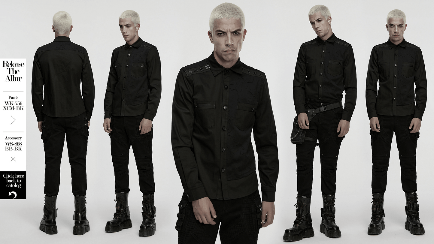 Black Gothic Military Shirt with Studded Shoulder Detail