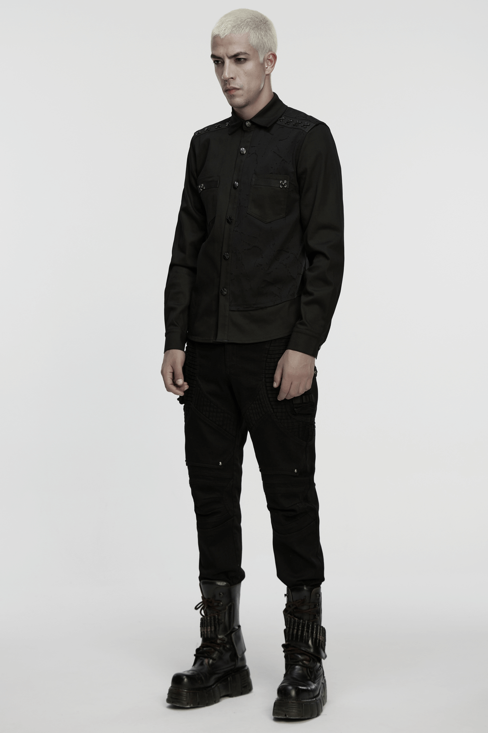 Black Gothic Military Shirt with Studded Shoulder Detail