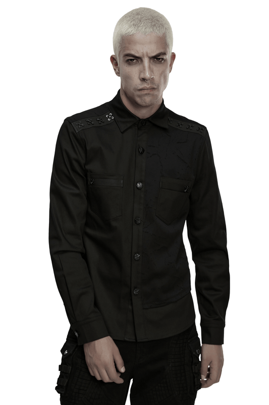 Black Gothic Military Shirt with Studded Shoulder Detail