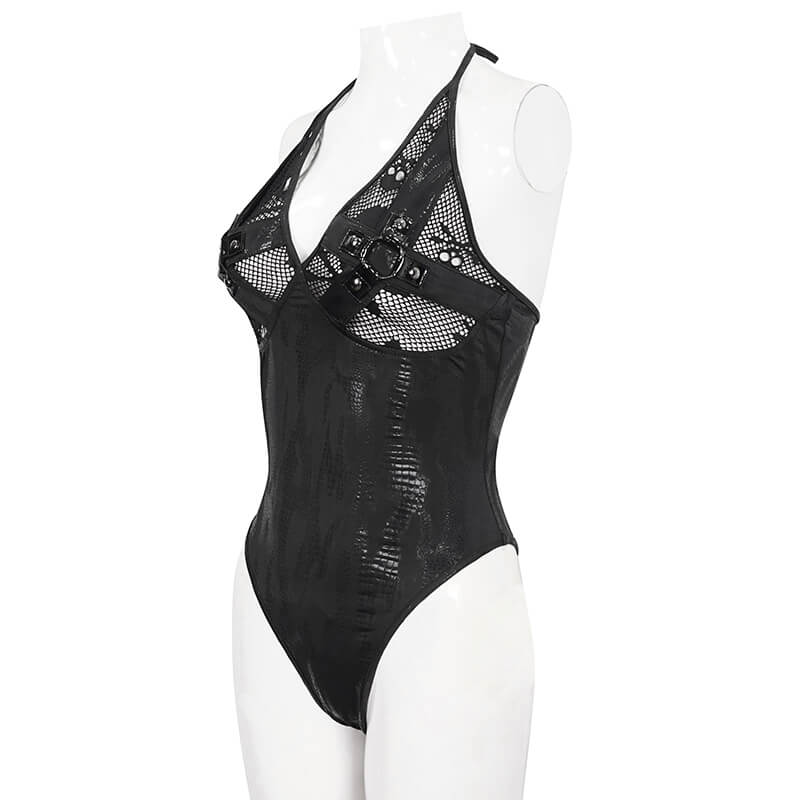 Black Gothic One-Piece Swimsuit with Metal Loops / Alternative Beachwear for Women