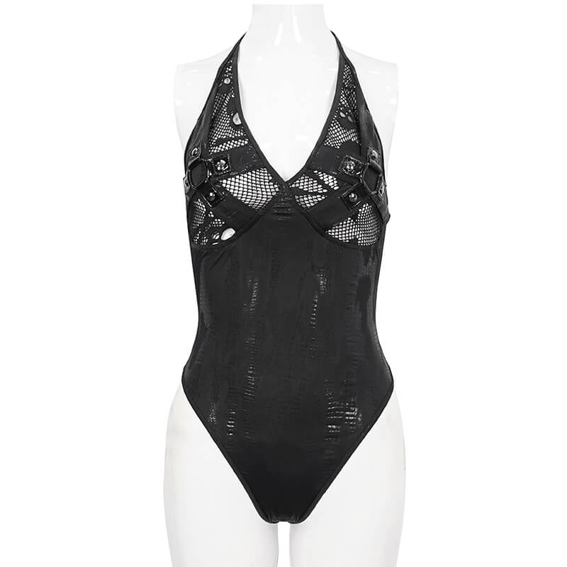 Black Gothic One-Piece Swimsuit with Metal Loops / Alternative Beachwear for Women