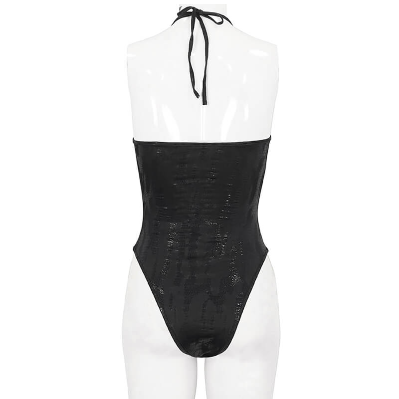 Black Gothic One-Piece Swimsuit with Metal Loops / Alternative Beachwear for Women