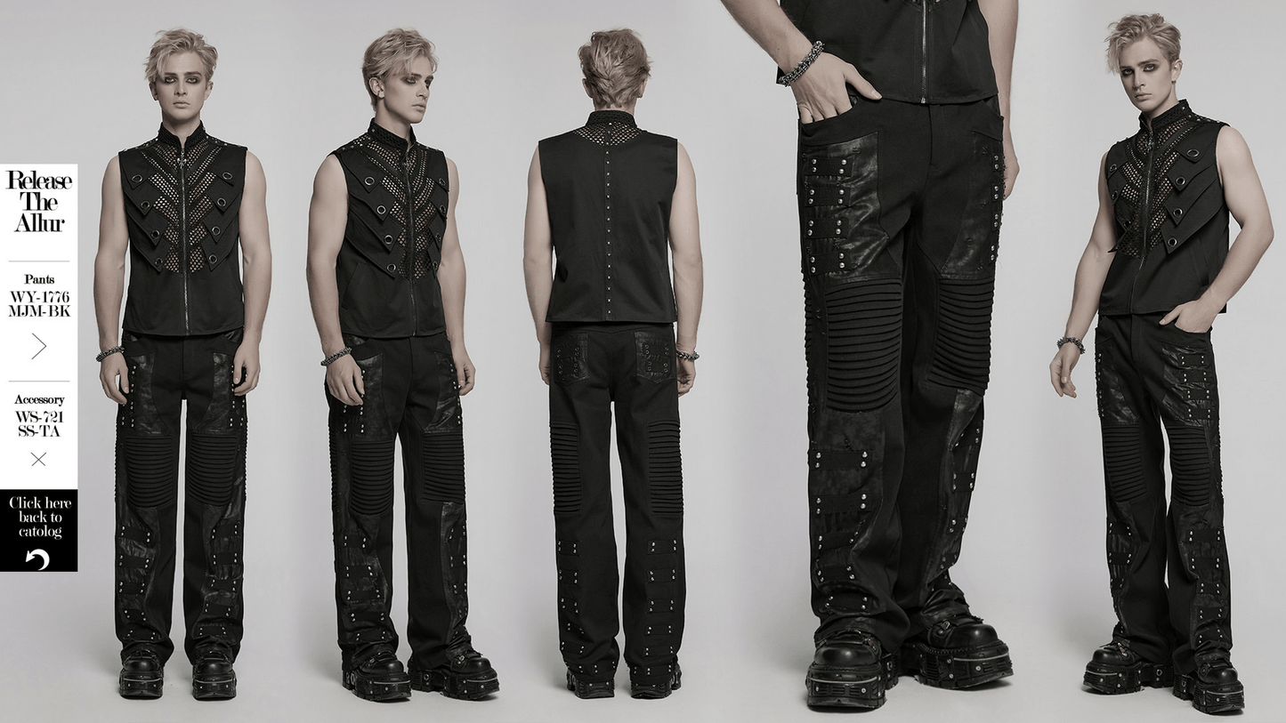 Black Gothic Pants with Pleated Panels and Rivets