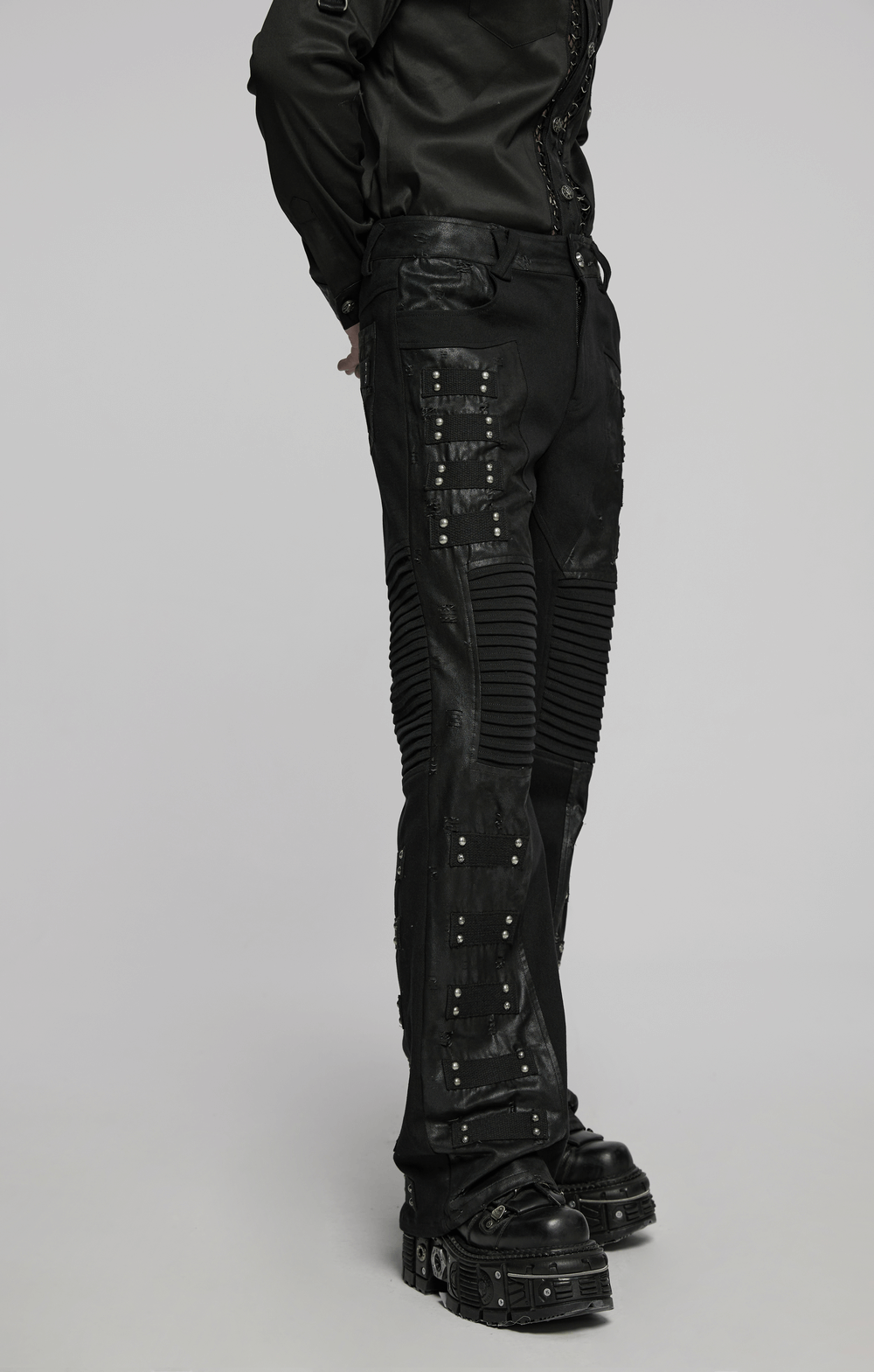 Black Gothic Pants with Pleated Panels and Rivets