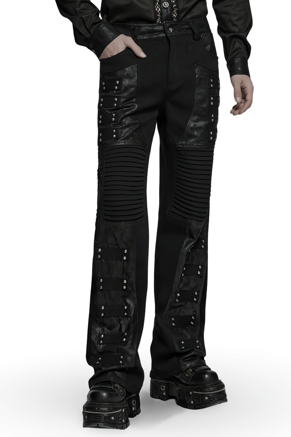 Black Gothic Pants with Pleated Panels and Rivets