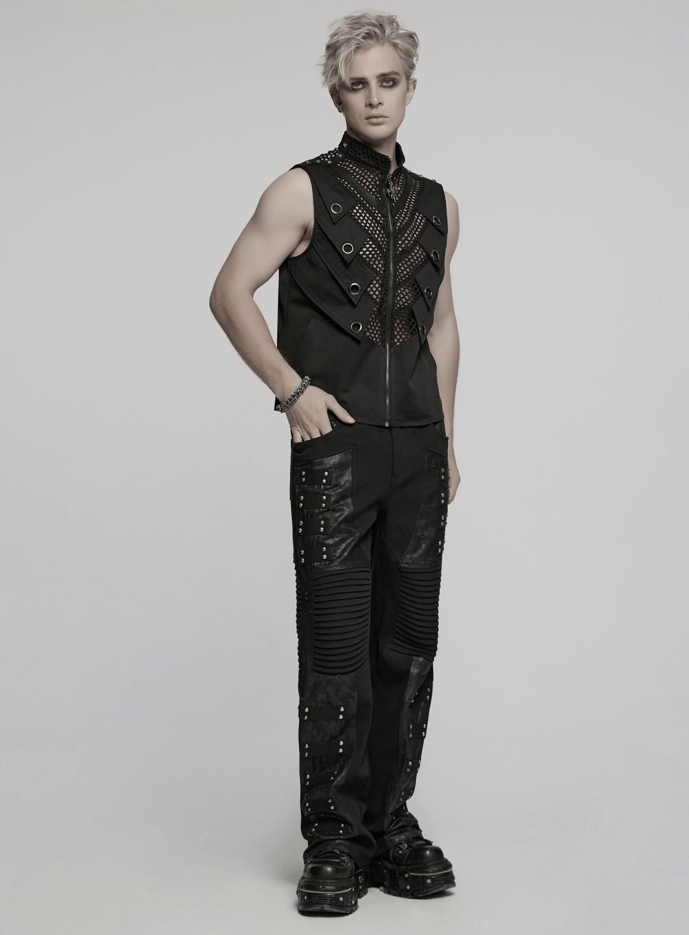 Black Gothic Pants with Pleated Panels and Rivets