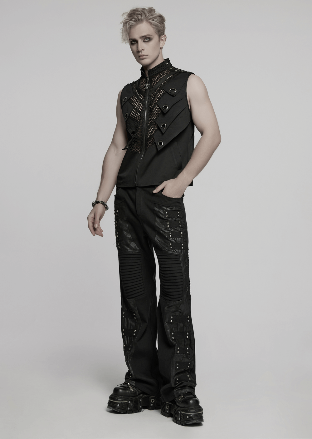Black Gothic Pants with Pleated Panels and Rivets