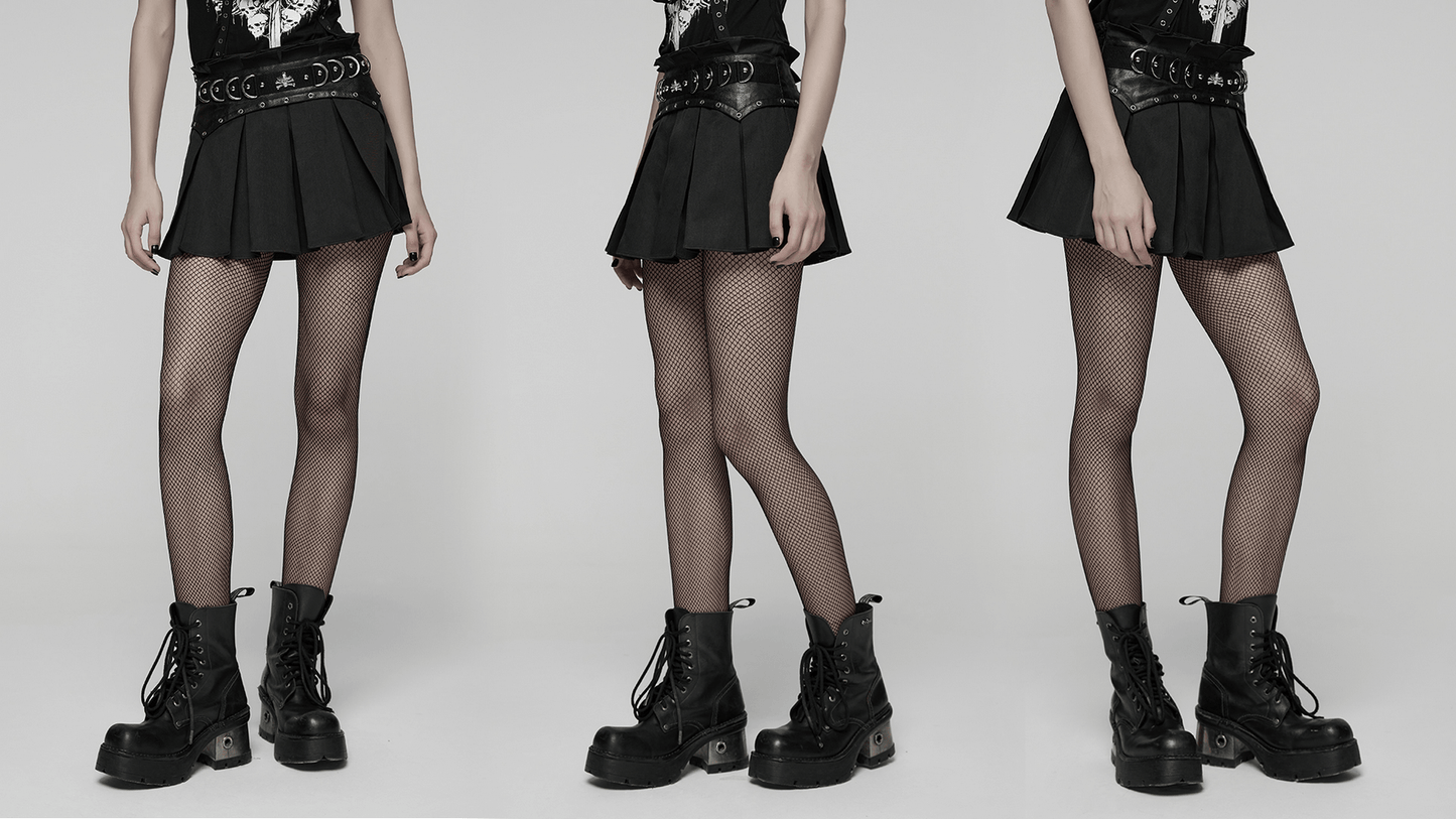 Black Gothic Pleated Mini Skirt with Metal Accents