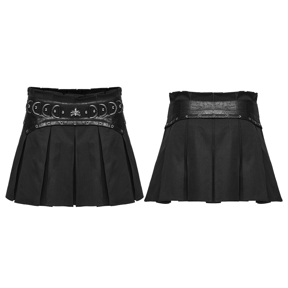 Black Gothic Pleated Mini Skirt with Metal Accents