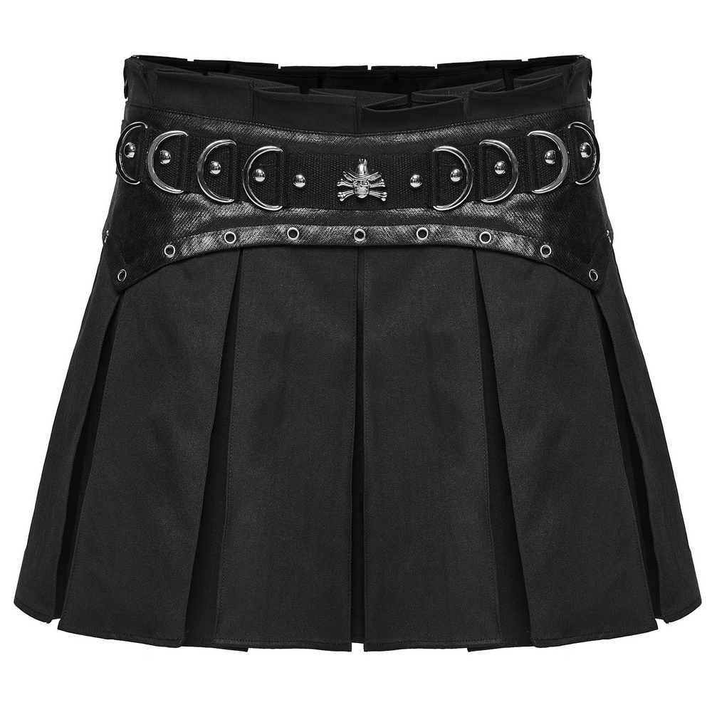 Black Gothic Pleated Mini Skirt with Metal Accents