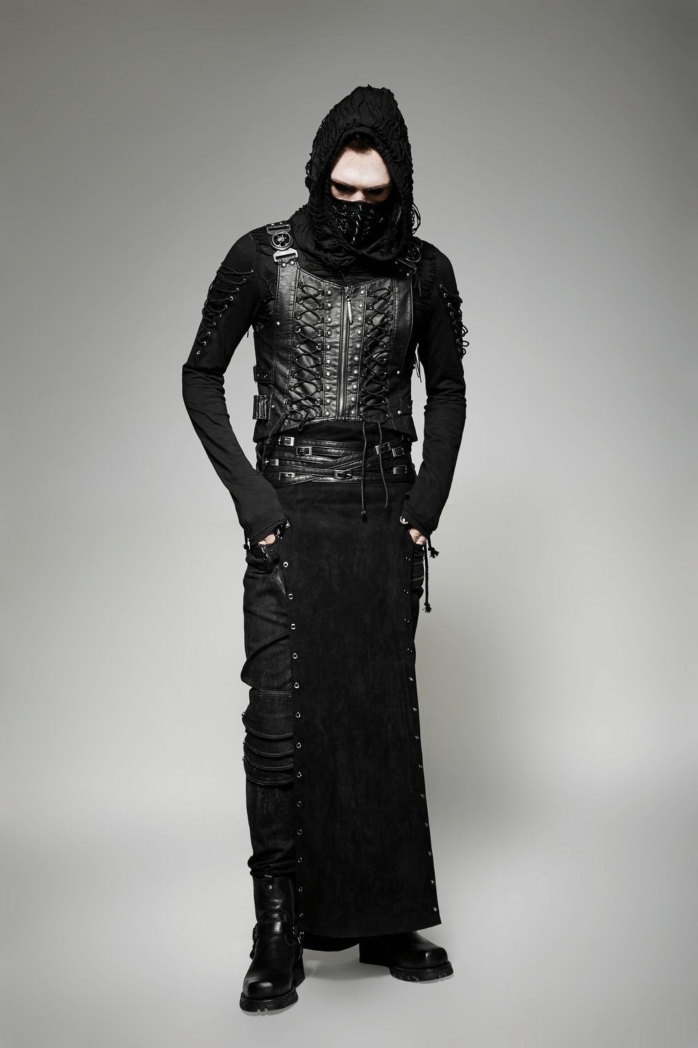 Black Gothic Punk Long Skirt-Kilt with Buckles