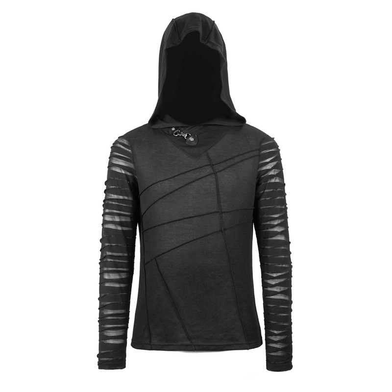 Black Gothic Punk Long Sleeves Hoodie / Men's Transparent Sleeves Top with Buckle