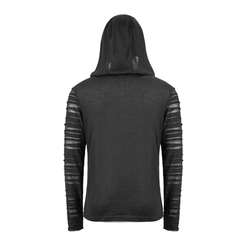 Black Gothic Punk Long Sleeves Hoodie / Men's Transparent Sleeves Top with Buckle