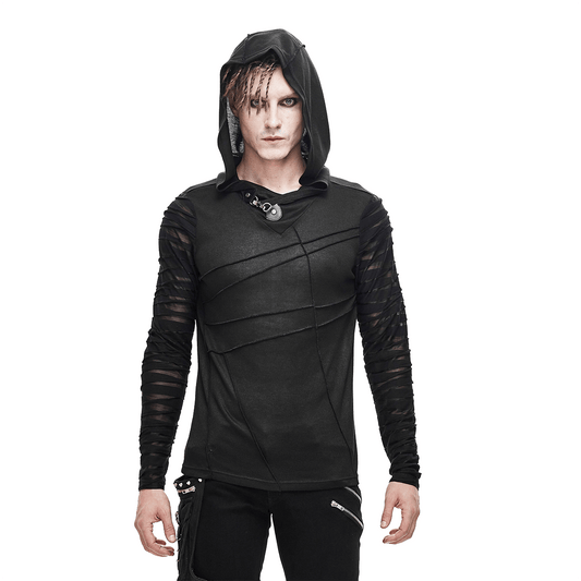 Black Gothic Punk Long Sleeves Hoodie / Men's Transparent Sleeves Top with Buckle