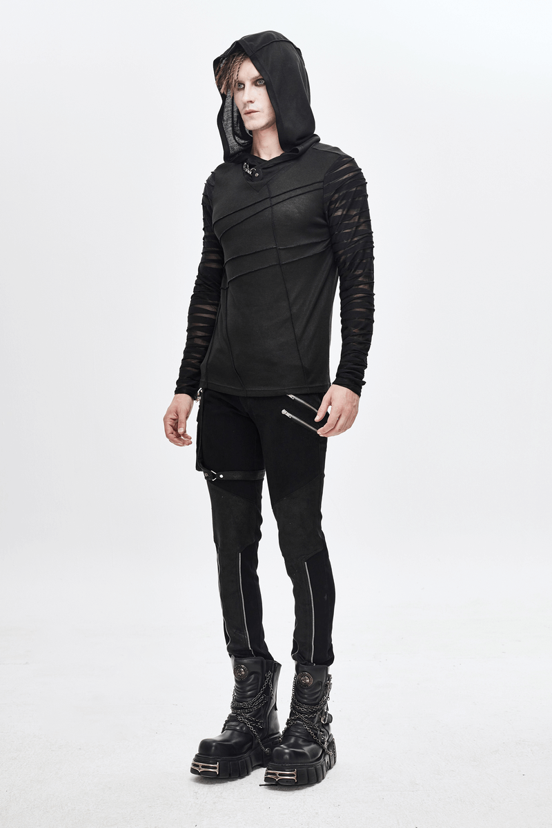 Black Gothic Punk Long Sleeves Hoodie / Men's Transparent Sleeves Top with Buckle