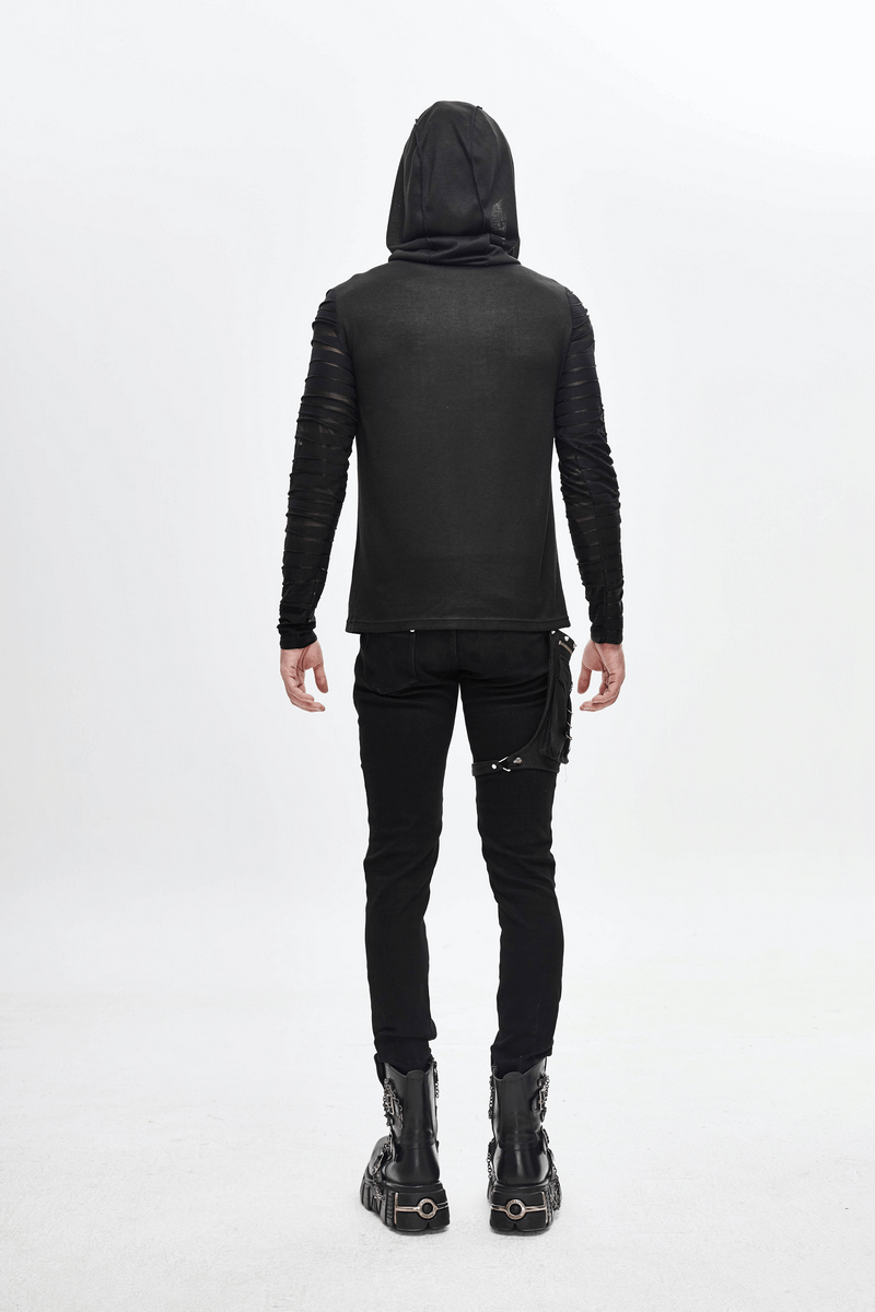 Black Gothic Punk Long Sleeves Hoodie / Men's Transparent Sleeves Top with Buckle