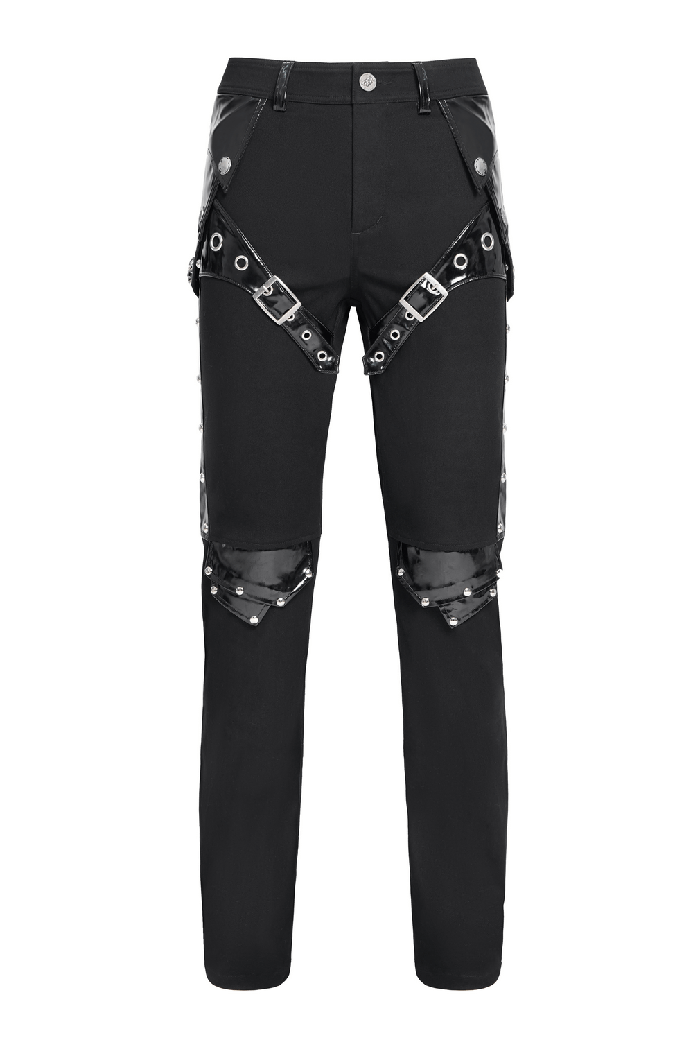 Black Gothic Punk Pants with Studded Buckle and Strap Detail