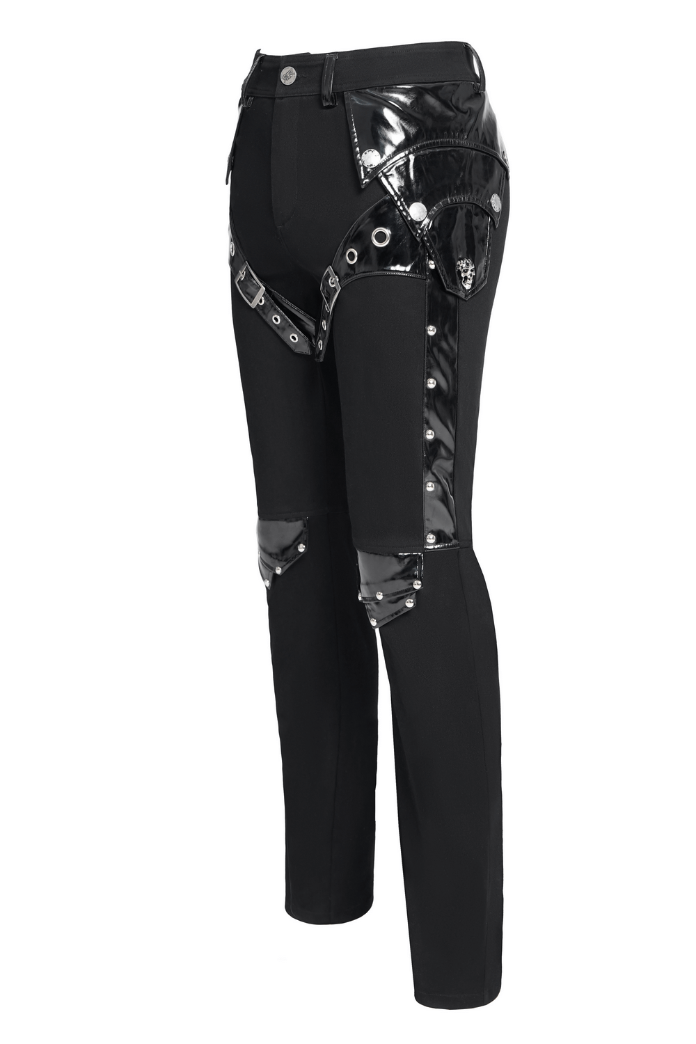 Black Gothic Punk Pants with Studded Buckle and Strap Detail