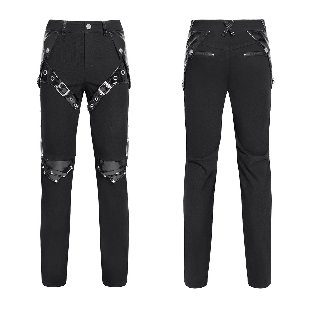 Black Gothic Punk Pants with Studded Buckle and Strap Detail
