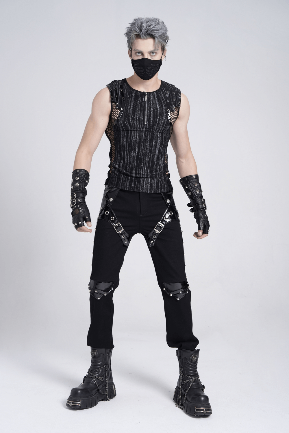 Black Gothic Punk Pants with Studded Buckle and Strap Detail