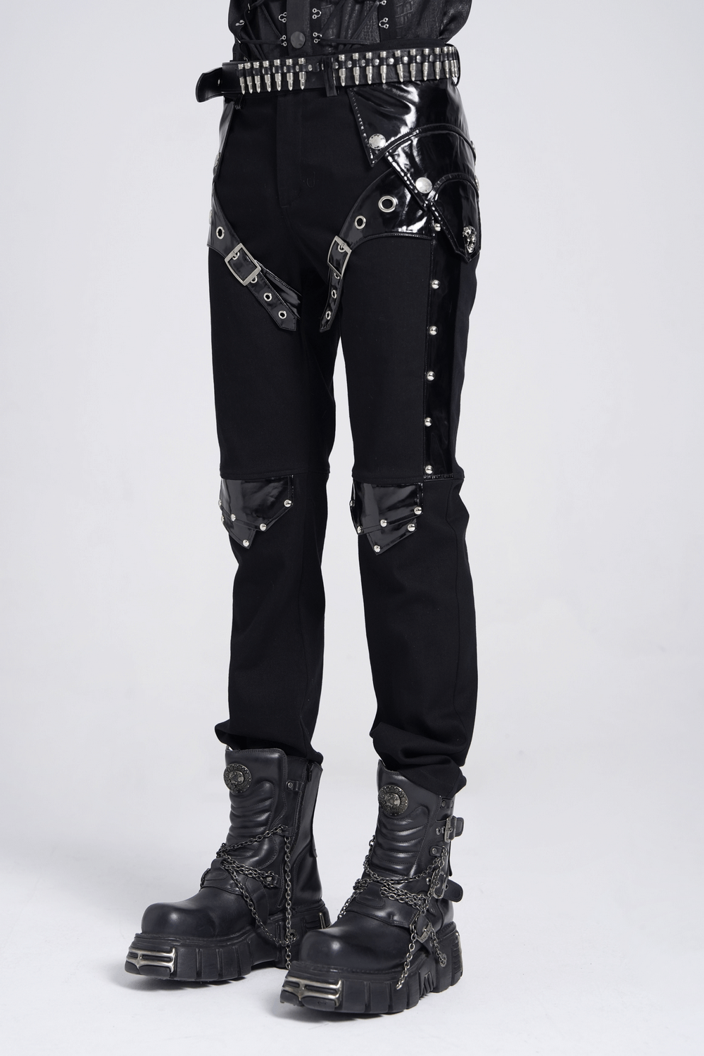Black Gothic Punk Pants with Studded Buckle and Strap Detail