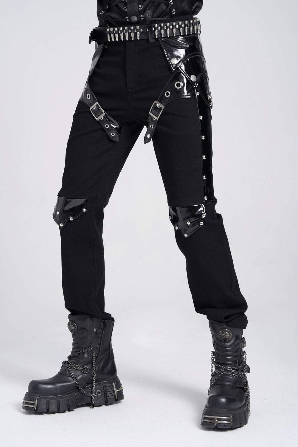 Black Gothic Punk Pants with Studded Buckle and Strap Detail