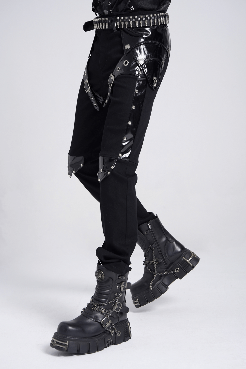 Black Gothic Punk Pants with Studded Buckle and Strap Detail
