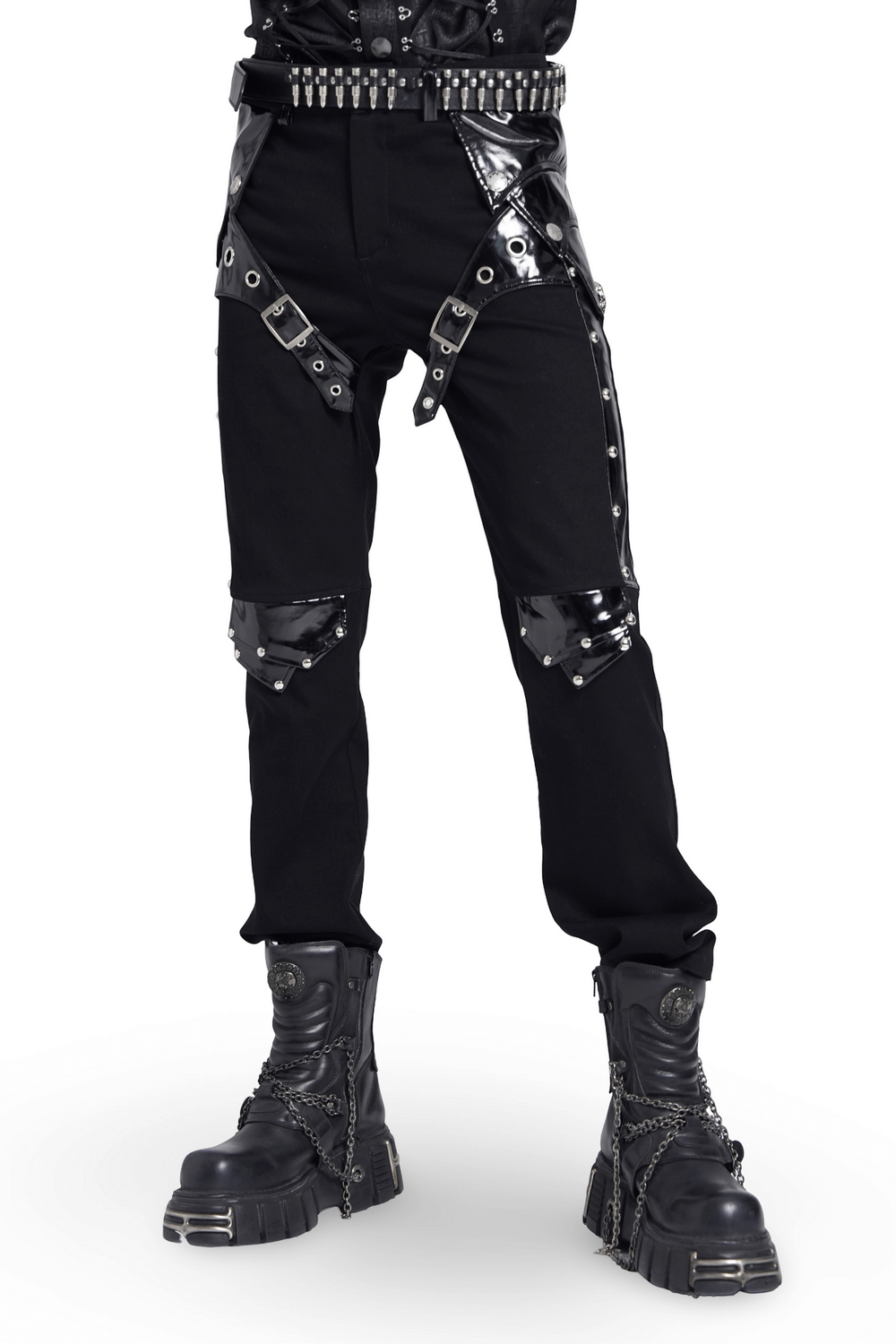 Black Gothic Punk Pants with Studded Buckle and Strap Detail