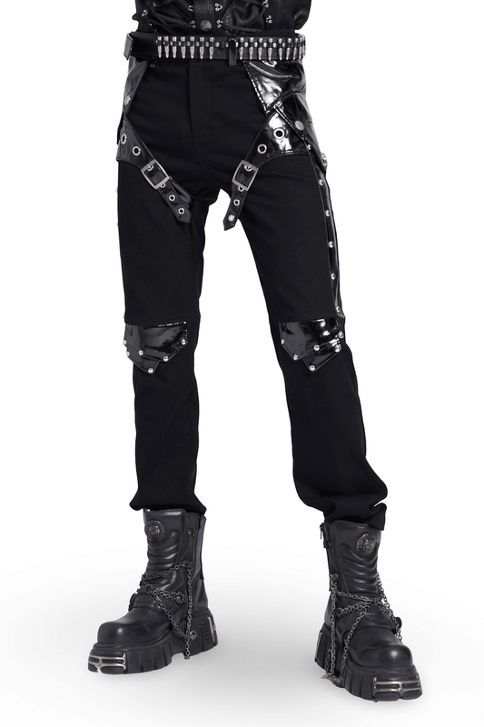Black Gothic Punk Pants with Studded Buckle and Strap Detail