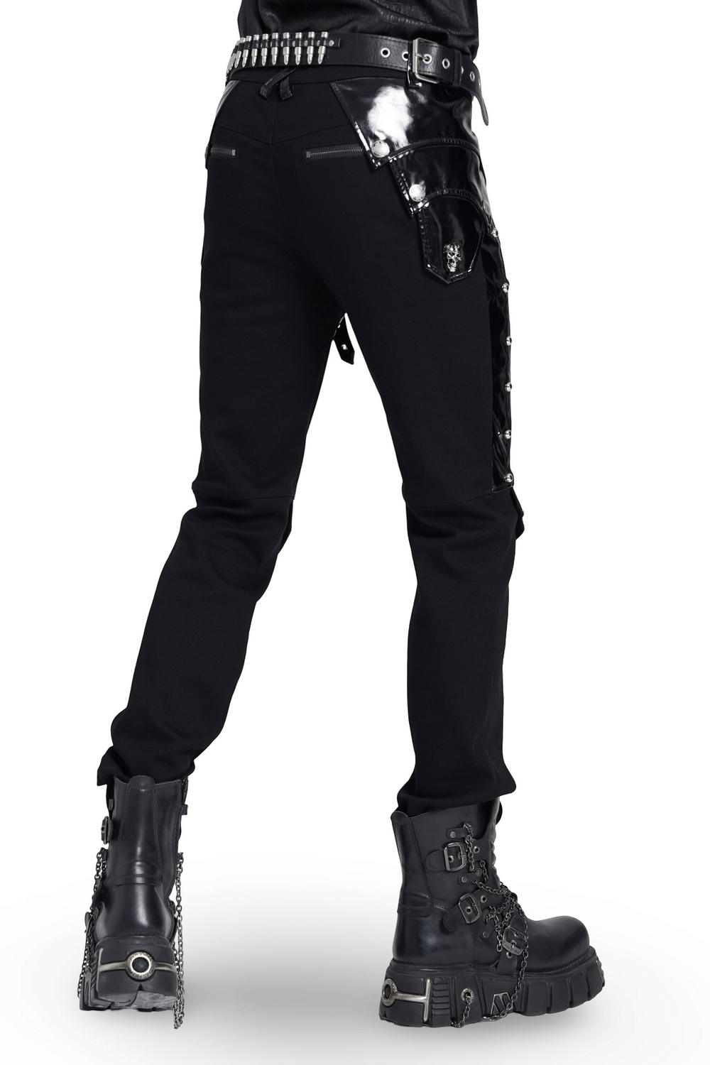 Black Gothic Punk Pants with Studded Buckle and Strap Detail