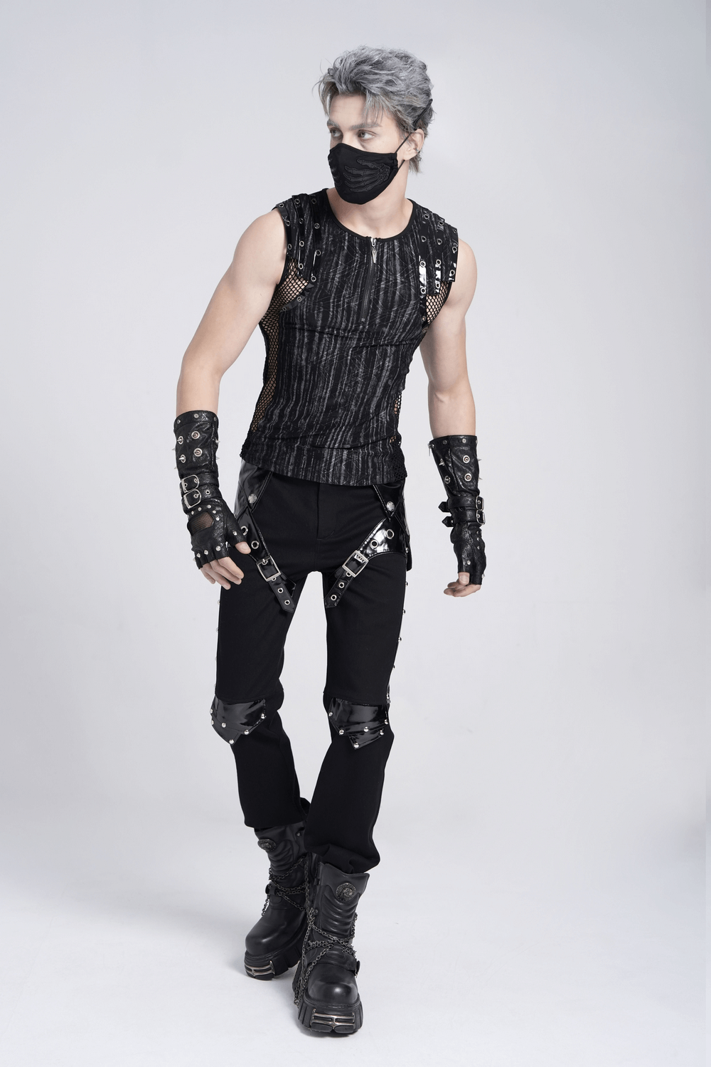 Black Gothic Punk Pants with Studded Buckle and Strap Detail
