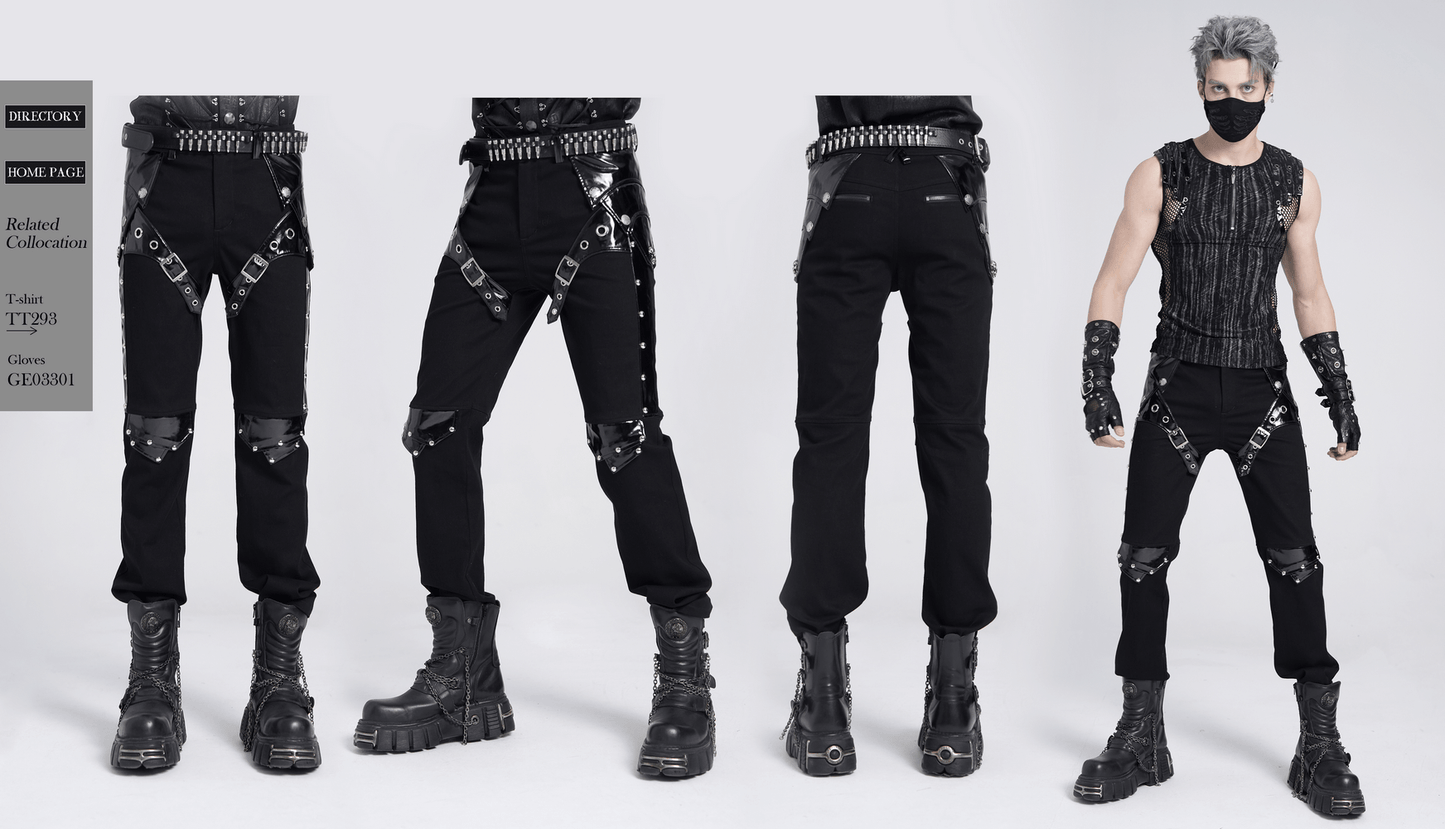 Black Gothic Punk Pants with Studded Buckle and Strap Detail