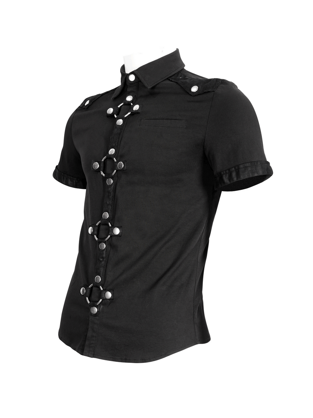 Black Gothic Punk Short Sleeves Shirt for Men / Male Shirts With Shoulder Thin Imitation Leather