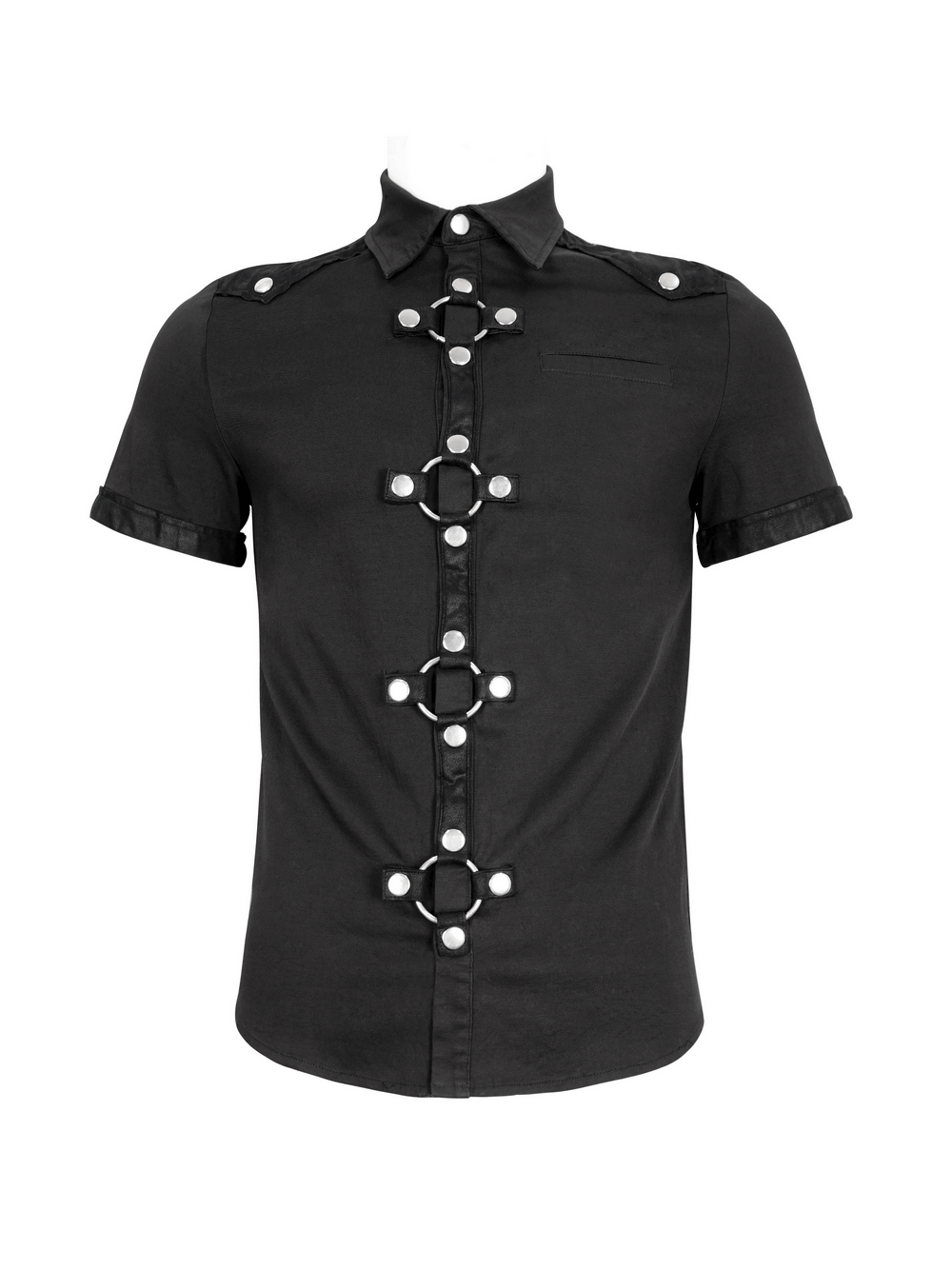 Black Gothic Punk Short Sleeves Shirt for Men / Male Shirts With Shoulder Thin Imitation Leather
