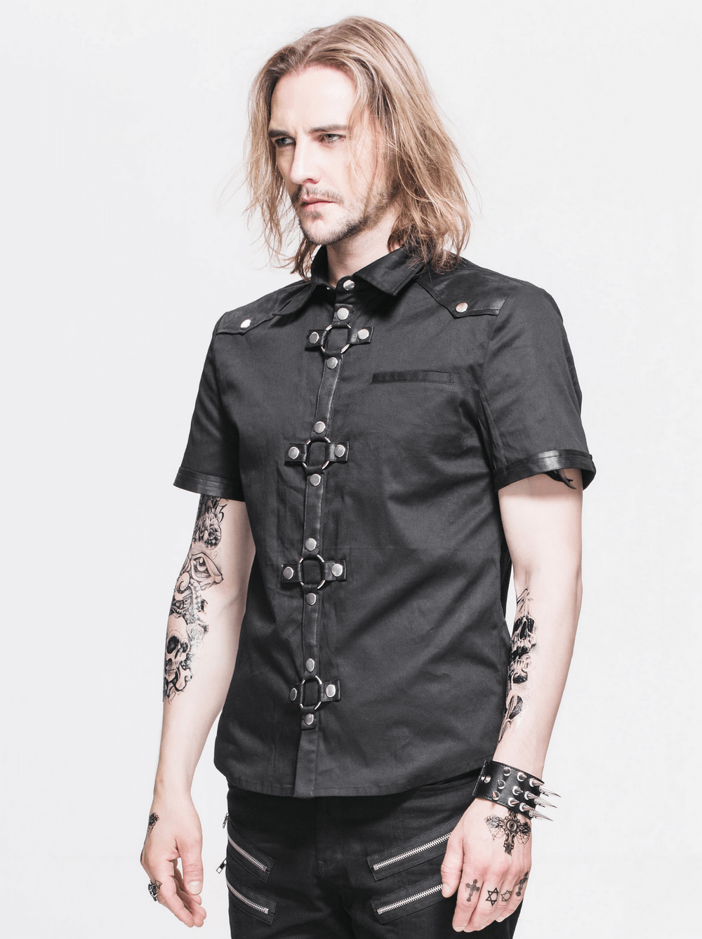 Black Gothic Punk Short Sleeves Shirt for Men / Male Shirts With Shoulder Thin Imitation Leather