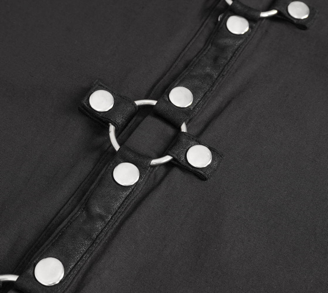 Black Gothic Punk Short Sleeves Shirt for Men / Male Shirts With Shoulder Thin Imitation Leather