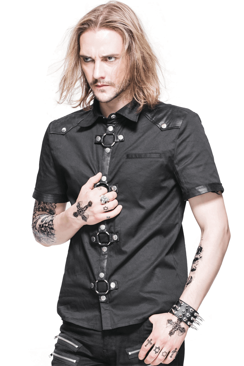 Black Gothic Punk Short Sleeves Shirt for Men / Male Shirts With Shoulder Thin Imitation Leather