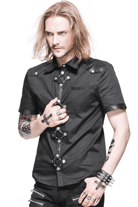Black Gothic Punk Short Sleeves Shirt for Men / Male Shirts With Shoulder Thin Imitation Leather