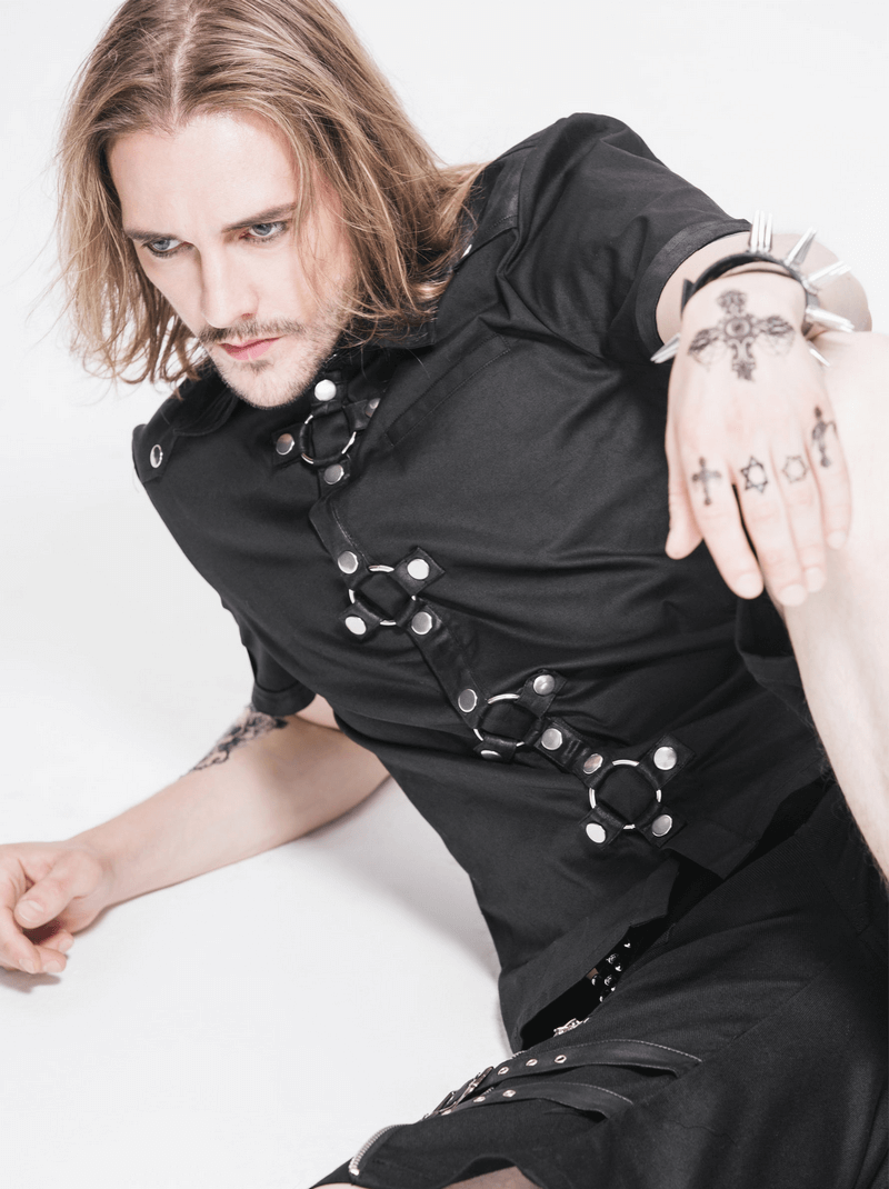 Black Gothic Punk Short Sleeves Shirt for Men / Male Shirts With Shoulder Thin Imitation Leather