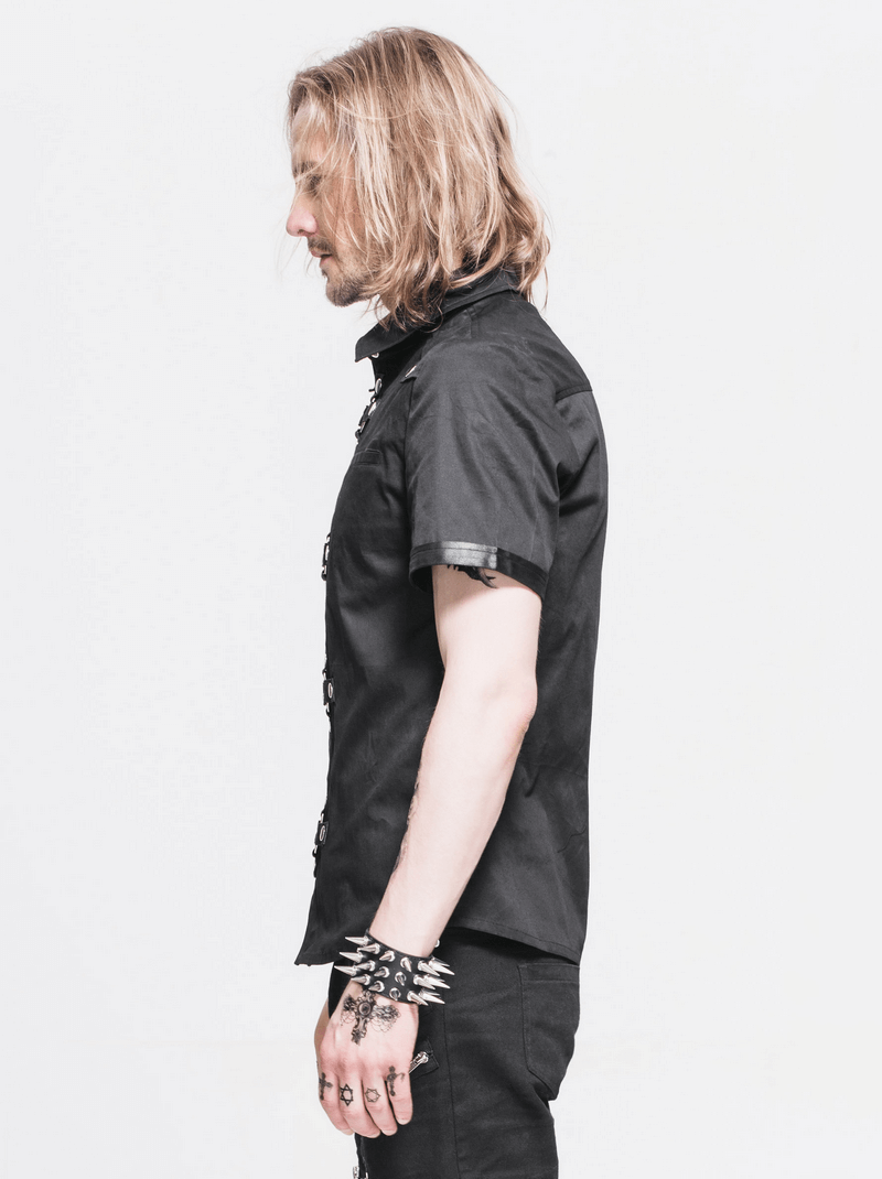 Black Gothic Punk Short Sleeves Shirt for Men / Male Shirts With Shoulder Thin Imitation Leather