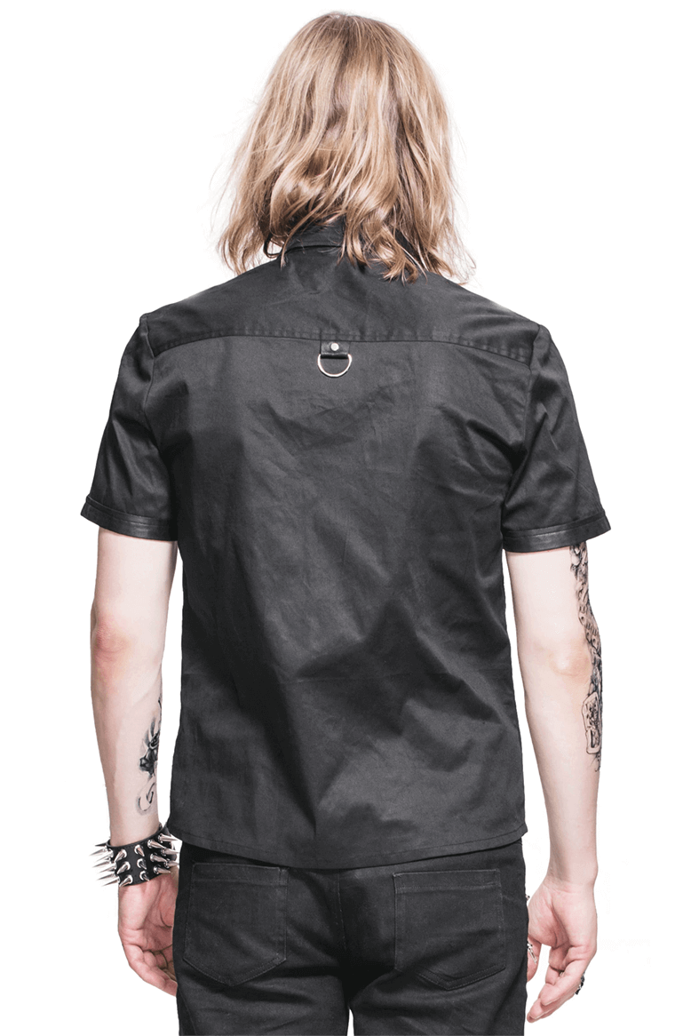 Black Gothic Punk Short Sleeves Shirt for Men / Male Shirts With Shoulder Thin Imitation Leather