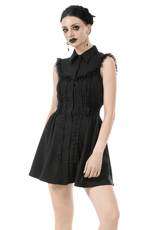 Black Gothic Ruffle Front Dress with Buttoned Detailing